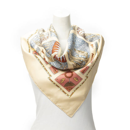 Hermes Scarf Lightbeige Blue Brown 100% Twillsilk