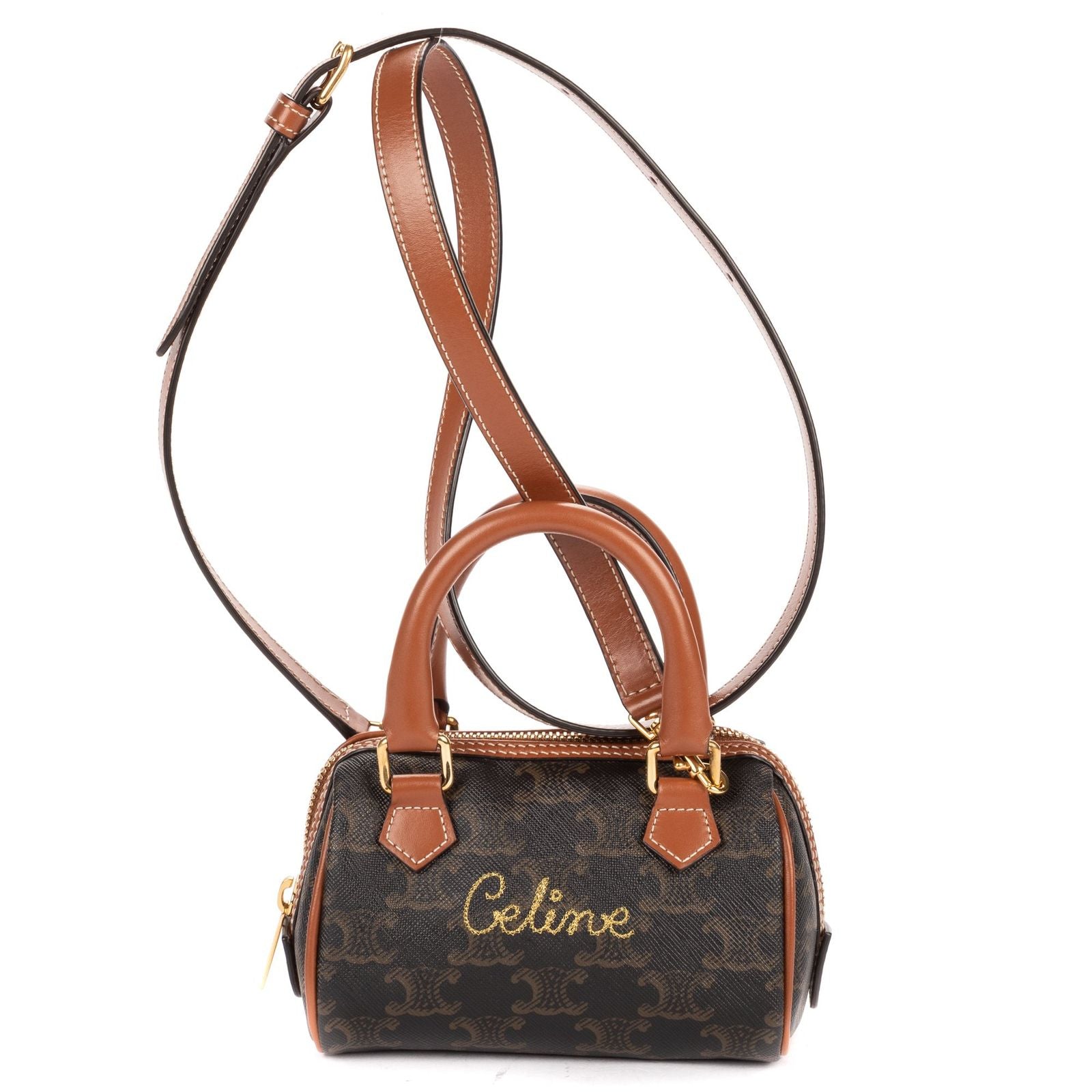 Celine Mini Boston Cross Bodydarkbrown Tantriomphe Canvas Crossbody