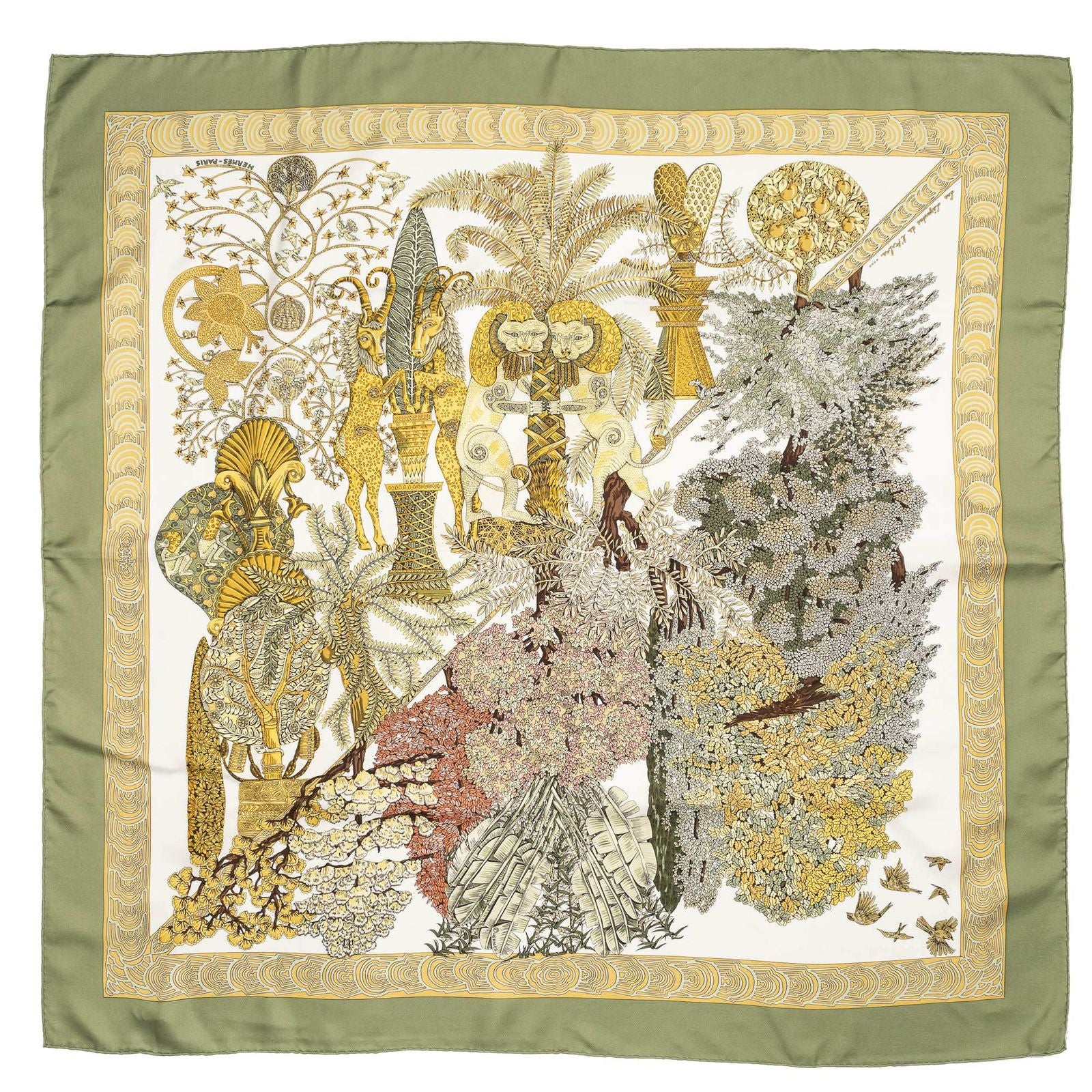 Hermes Scarf Green Yellow White 100% Twillsilk — view 2