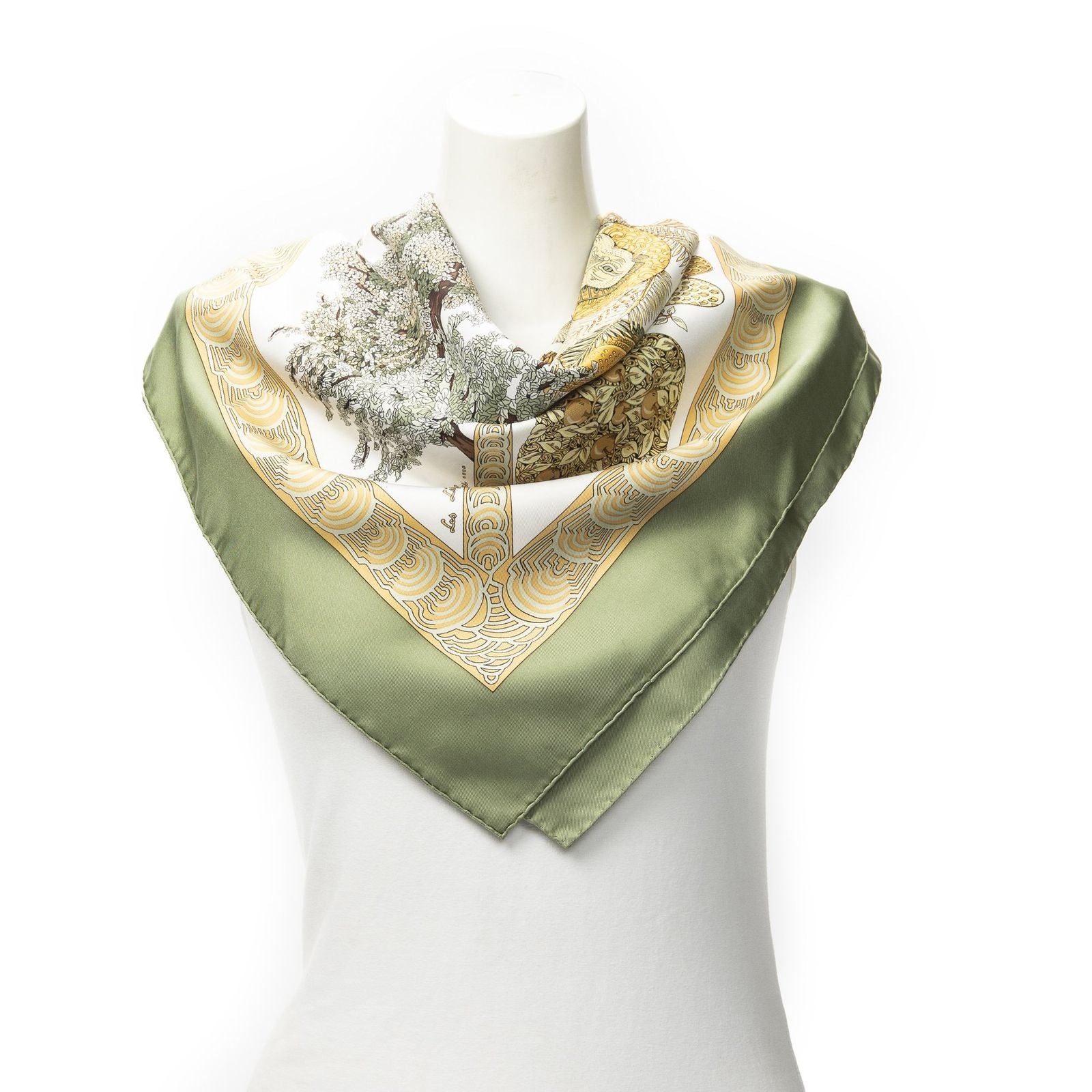 Hermes Scarf Green Yellow White 100% Twillsilk