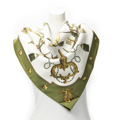 Hermes Scarf Green Gold White Silk