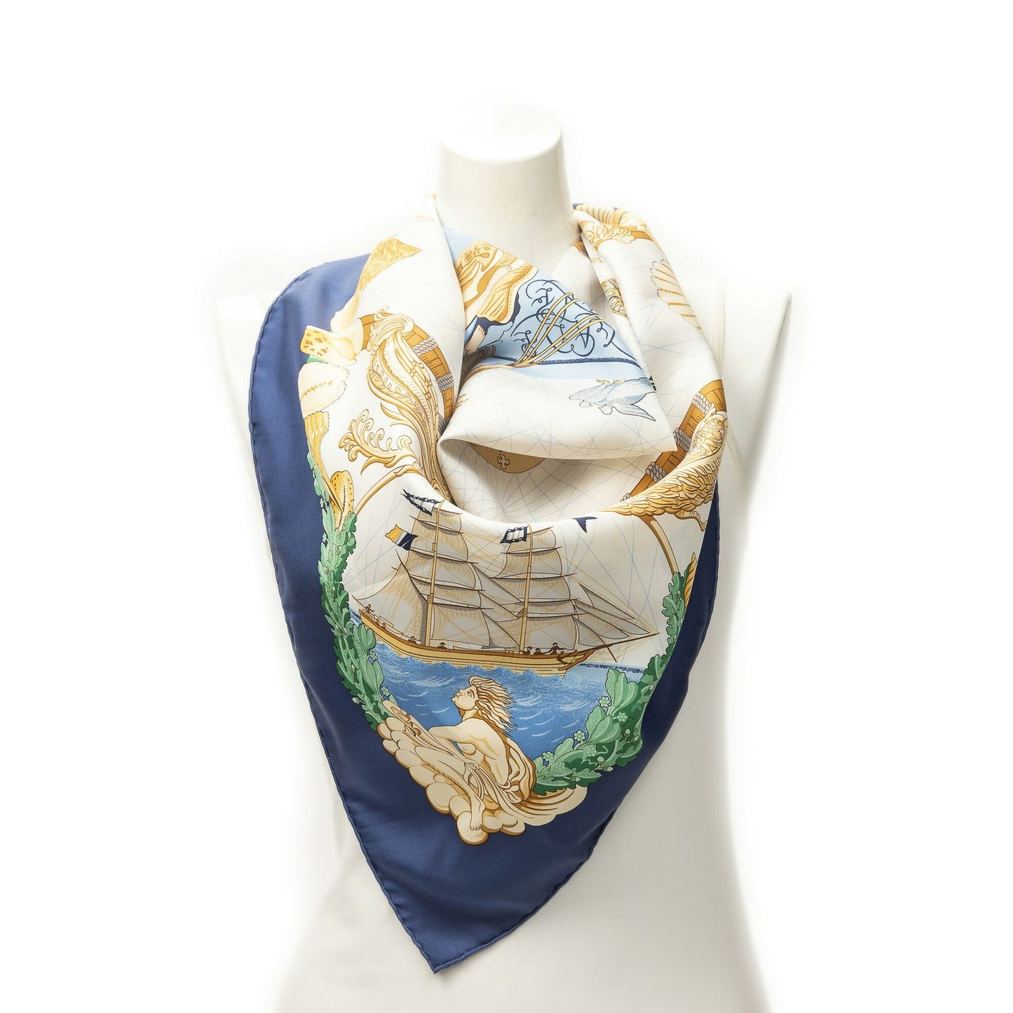 Hermes Scarf Navy Green White 100% Twillsilk