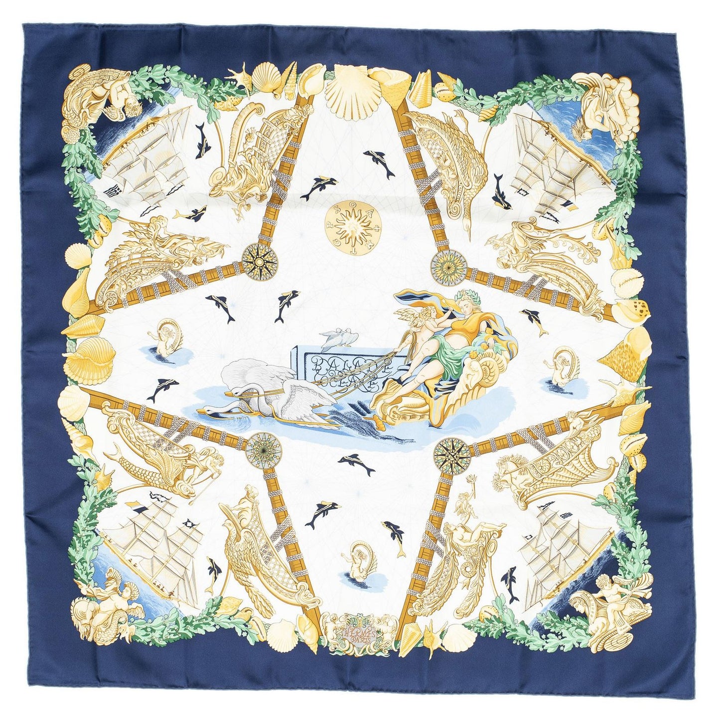 Hermes Scarf Navy Green White 100% Twillsilk — view 2