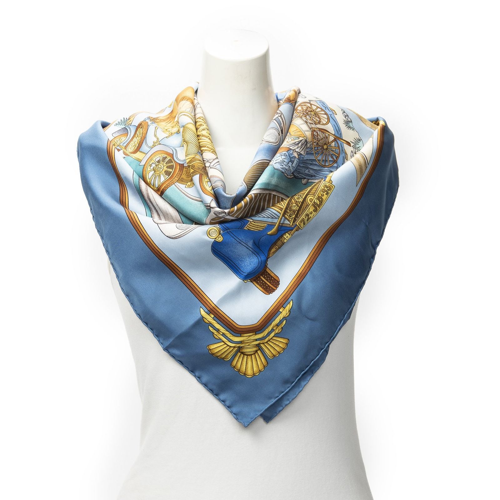 Hermes Scarf Blue Brown 100% Twillsilk