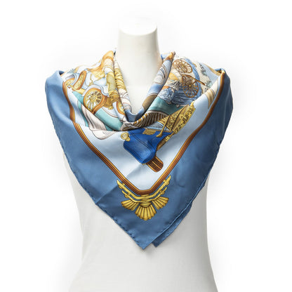 Hermes Scarf Blue Brown 100% Twillsilk