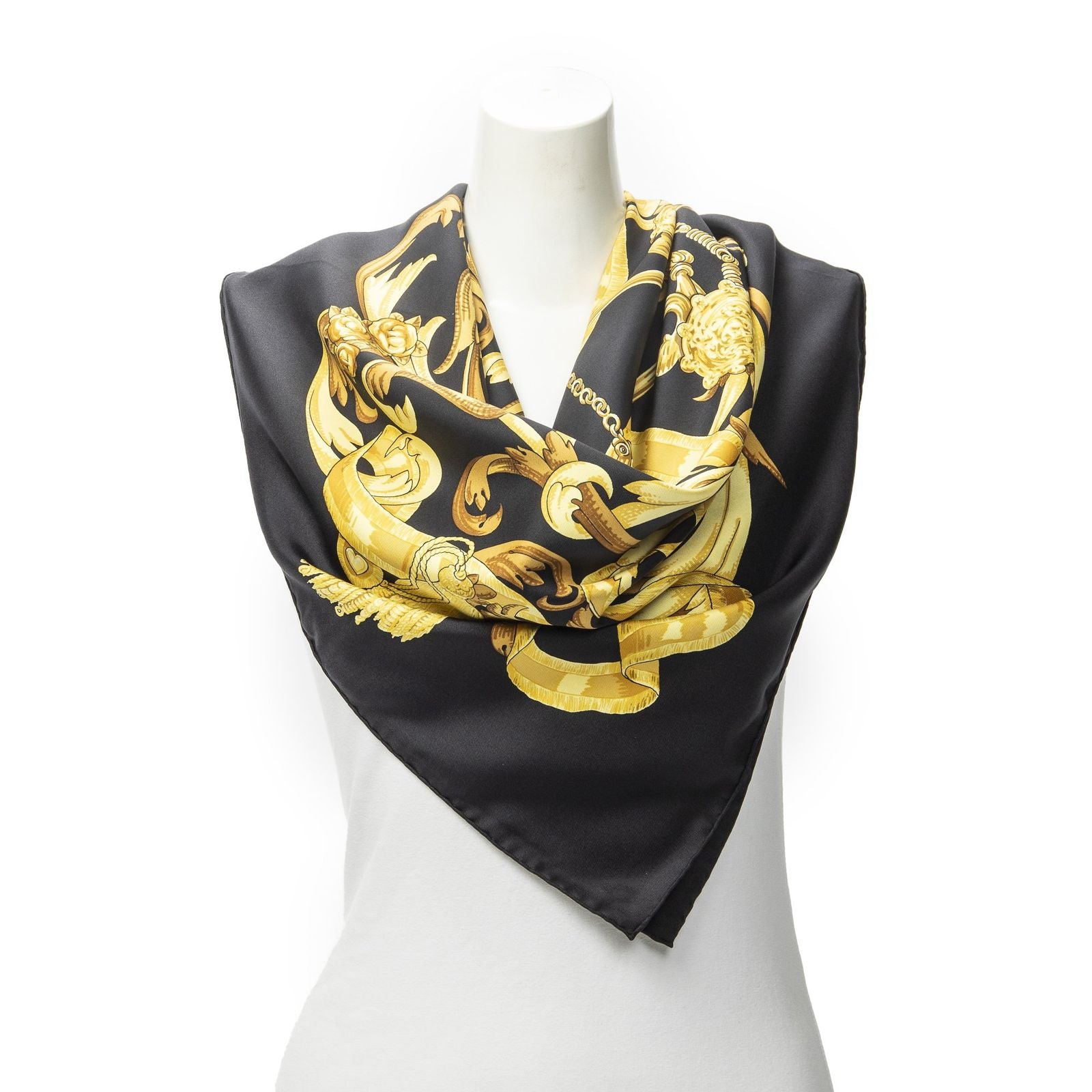 Hermes Scarf Black Yellow 100% Twillsilk