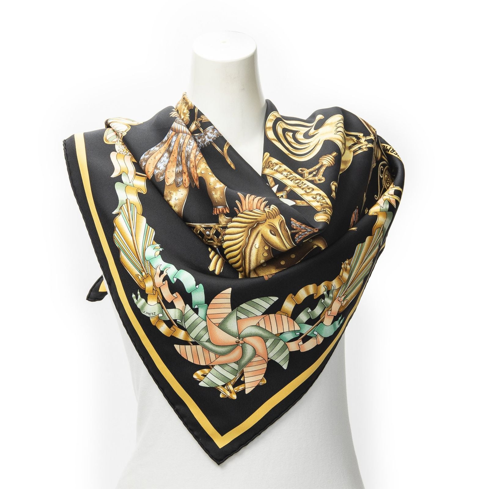 Hermes Scarf Black Yellow 100% Twillsilk