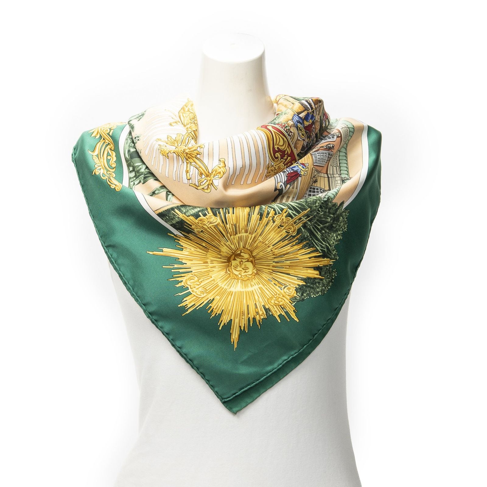 Hermes Scarf Green Beige 100% Twillsilk