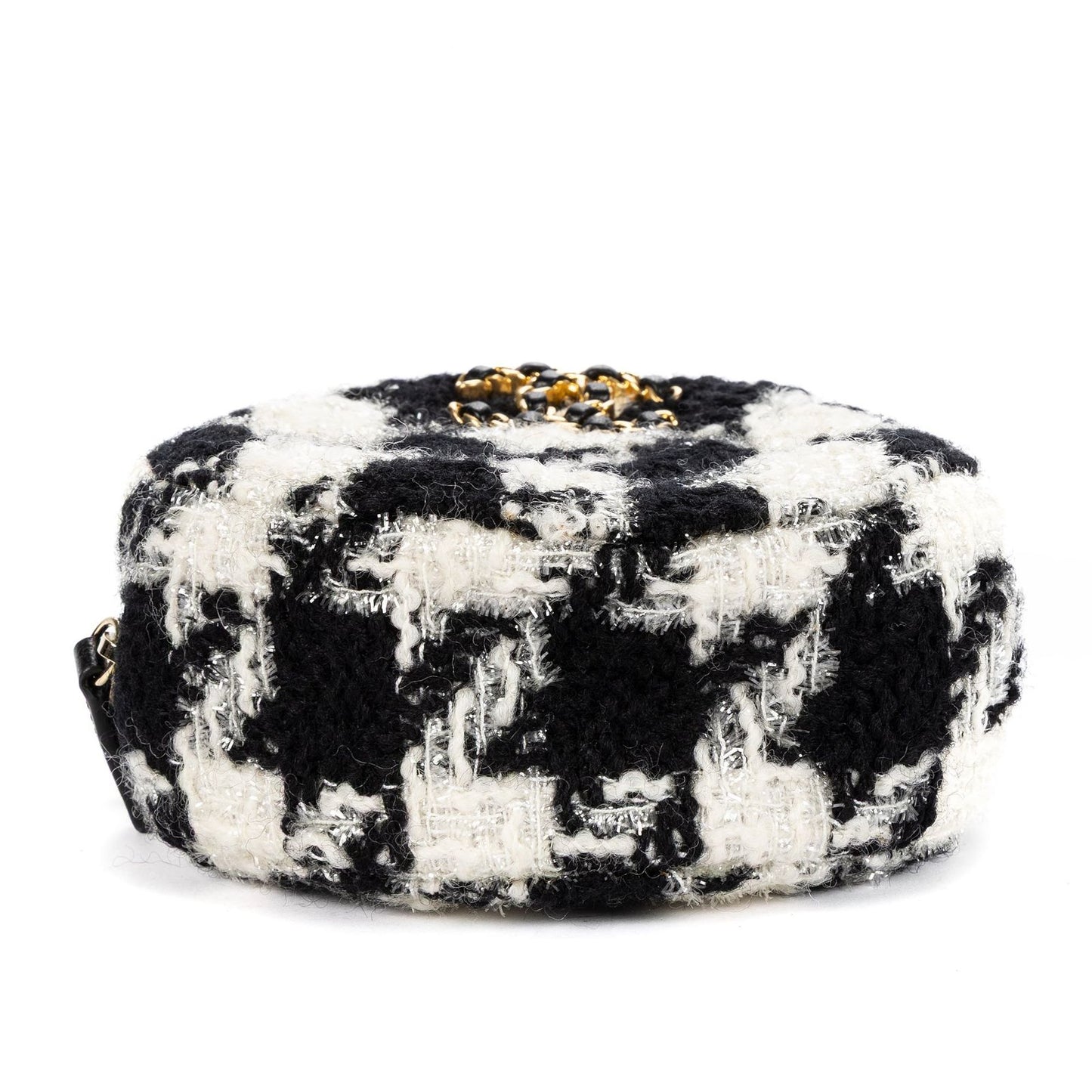 Chanel 19 Round Clutch Chain Shoulder Bag Black White Quilted Tweed — view 6