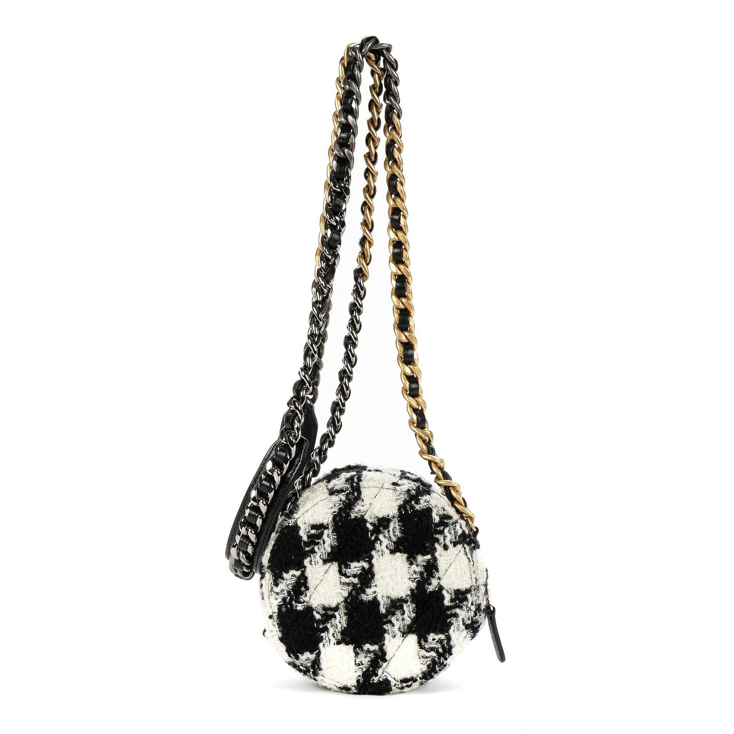 Chanel 19 Round Clutch Chain Shoulder Bag Black White Quilted Tweed — view 5
