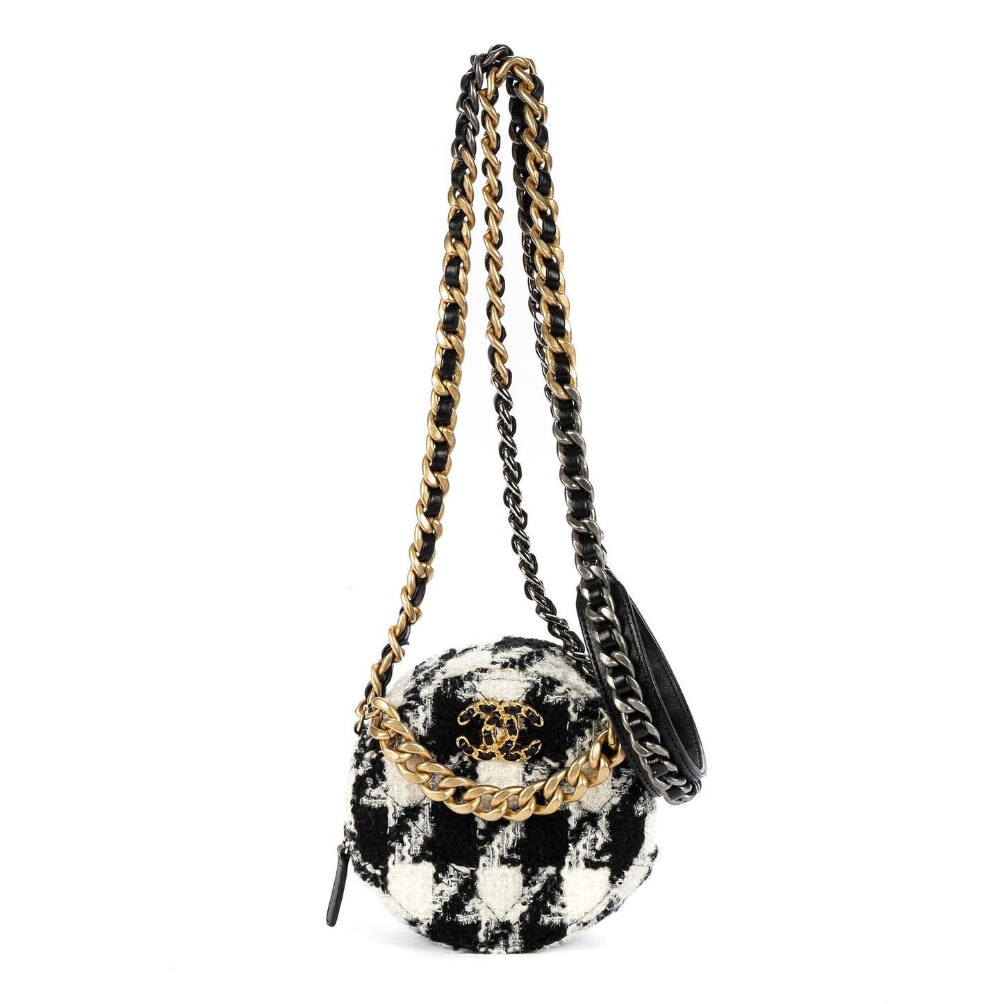 Chanel 19 Round Clutch Chain Shoulder Bag Black White Quilted Tweed