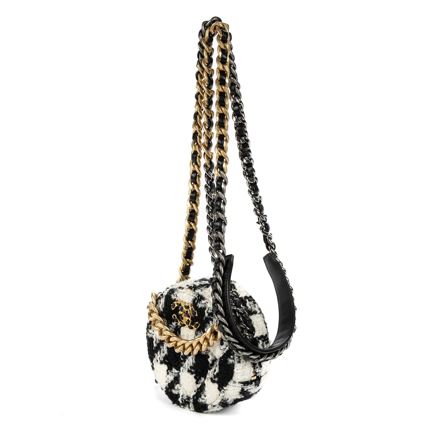 Chanel 19 Round Clutch Chain Shoulder Bag Black White Quilted Tweed — view 2