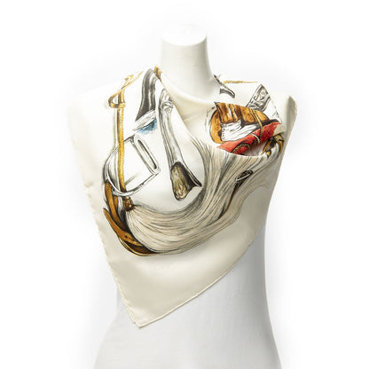 Hermes Scarf Ivory Brown Red 100% Twillsilk