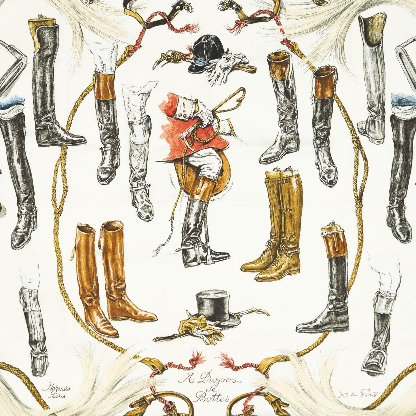 Hermes Scarf Ivory Brown Red 100% Twillsilk — view 3