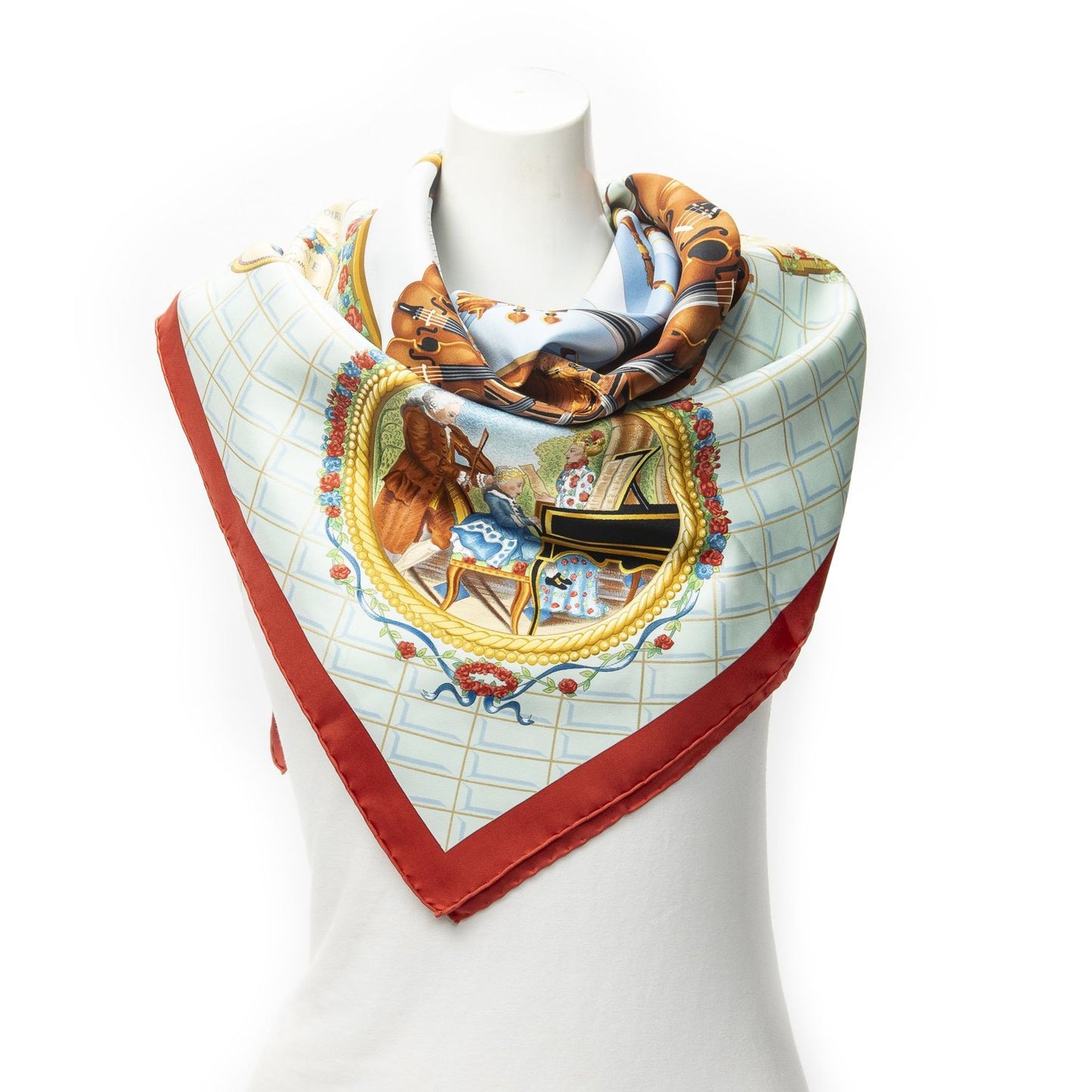 Hermes Scarf Red Light Blue Beige 100% Twillsilk