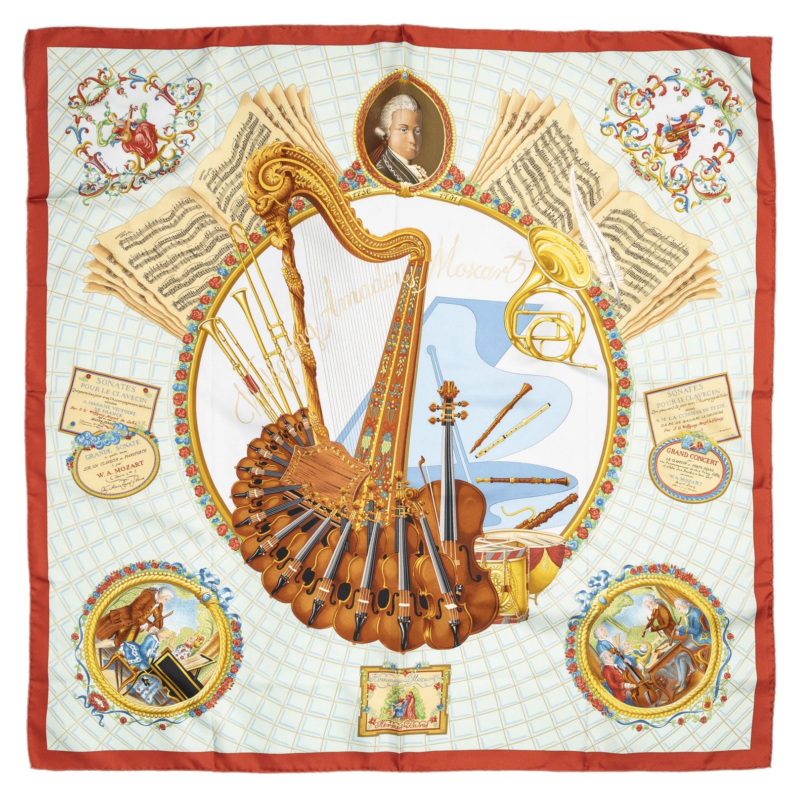 Hermes Scarf Red Light Blue Beige 100% Twillsilk — view 2
