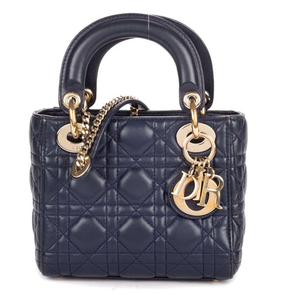 Dior Mini Lady Dior Navy Lambskin Leather Handbag