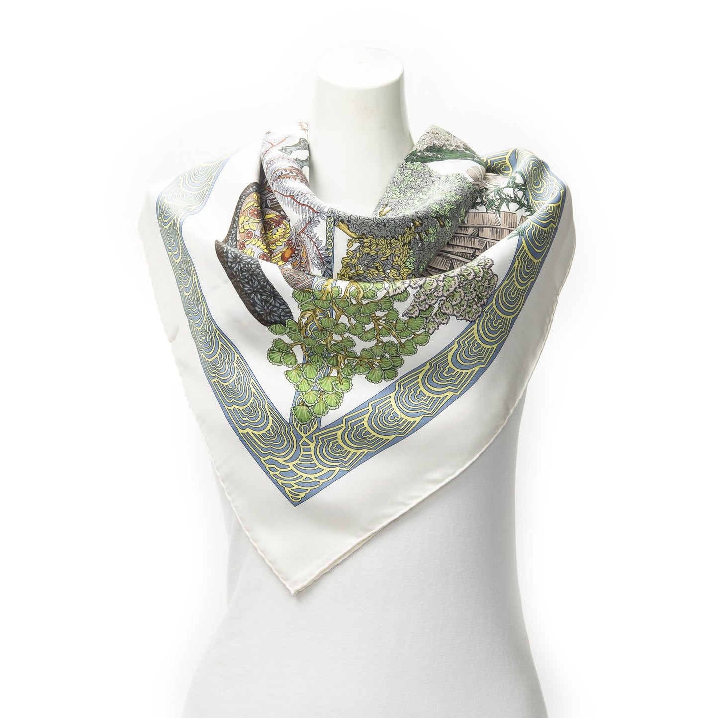 Hermes Scarf Ivory Green Yellow 100% Twillsilk
