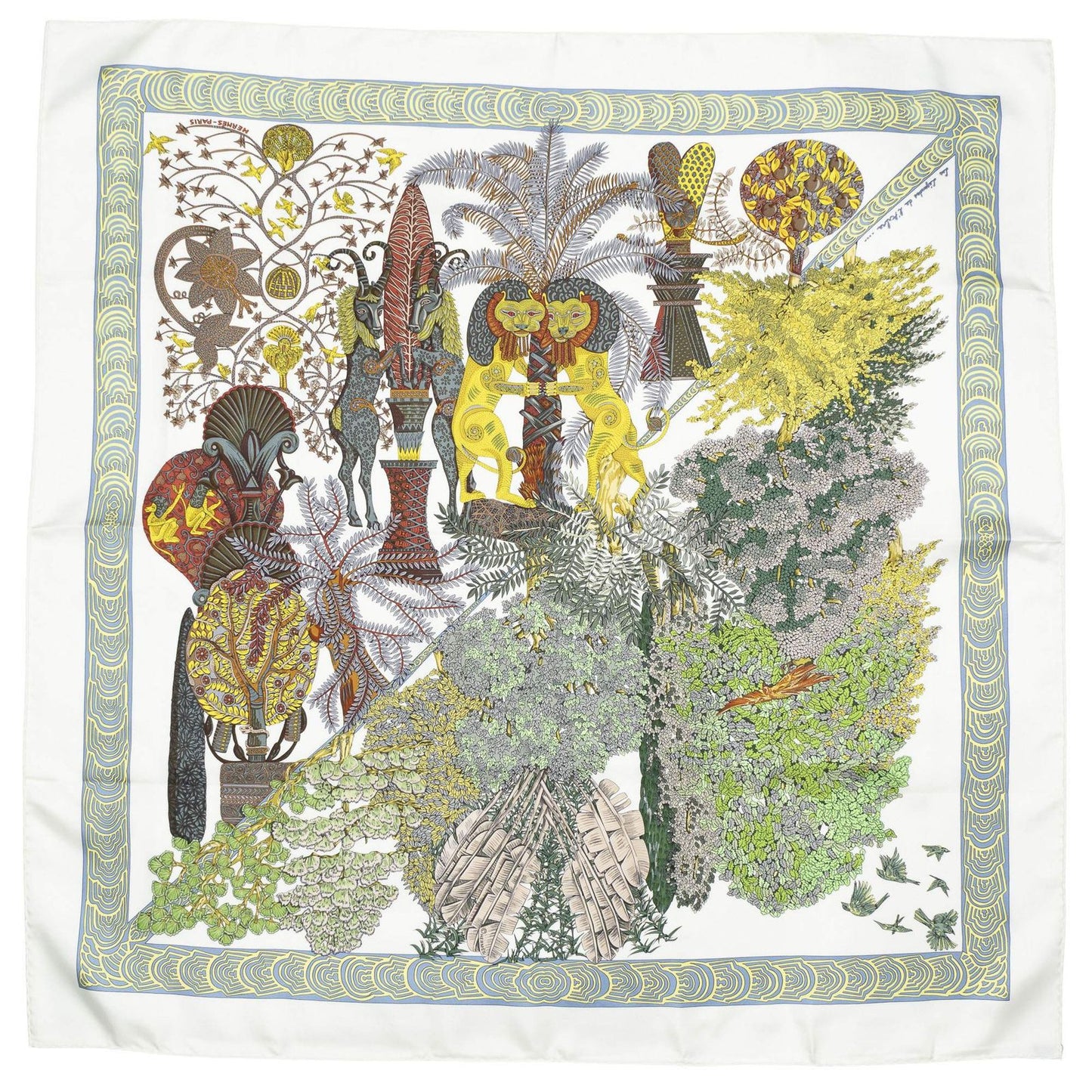 Hermes Scarf Ivory Green Yellow 100% Twillsilk — view 2