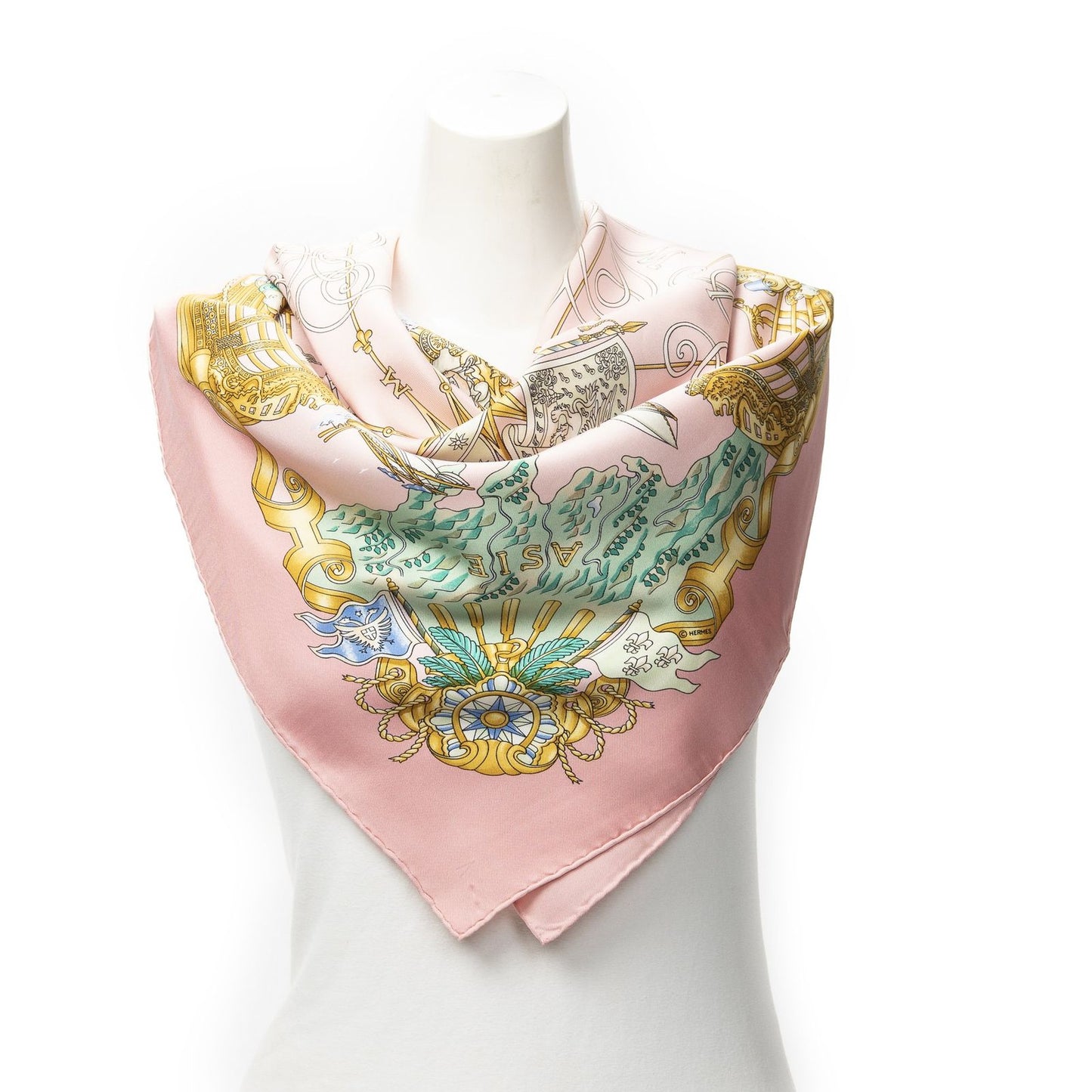 Hermes Scarf Pink Green 100% Twillsilk