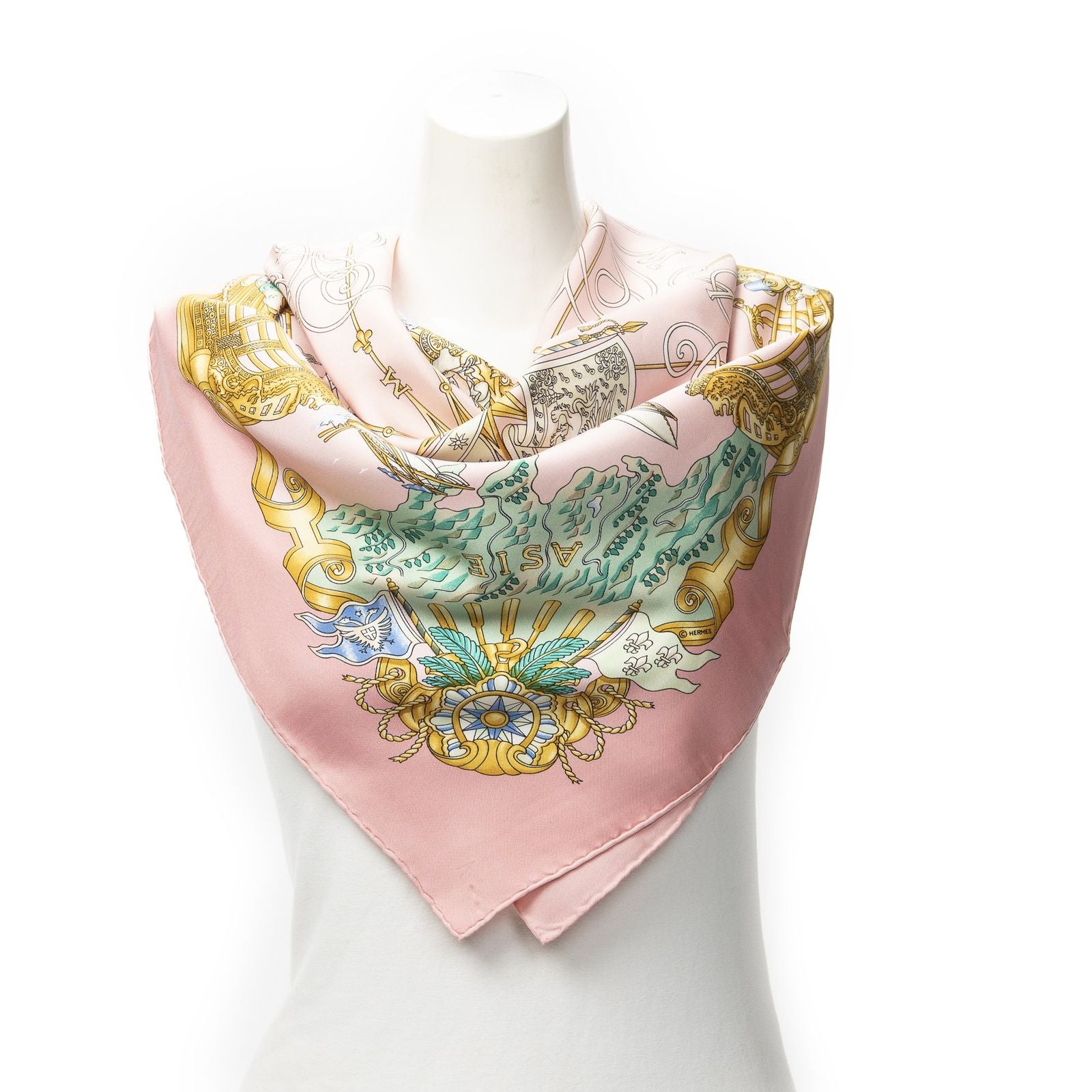 Hermes Scarf Pink Green 100% Twillsilk