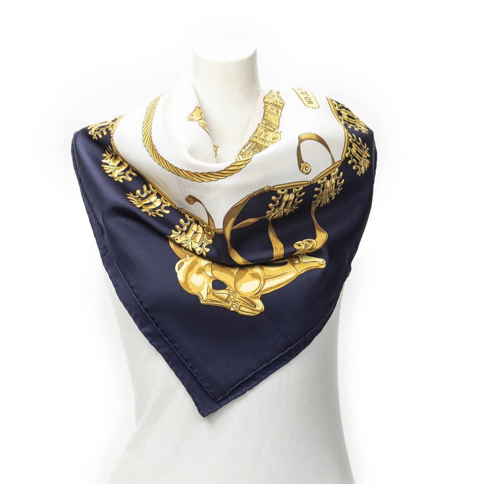 Hermes Scarf Navy Gold White Silk