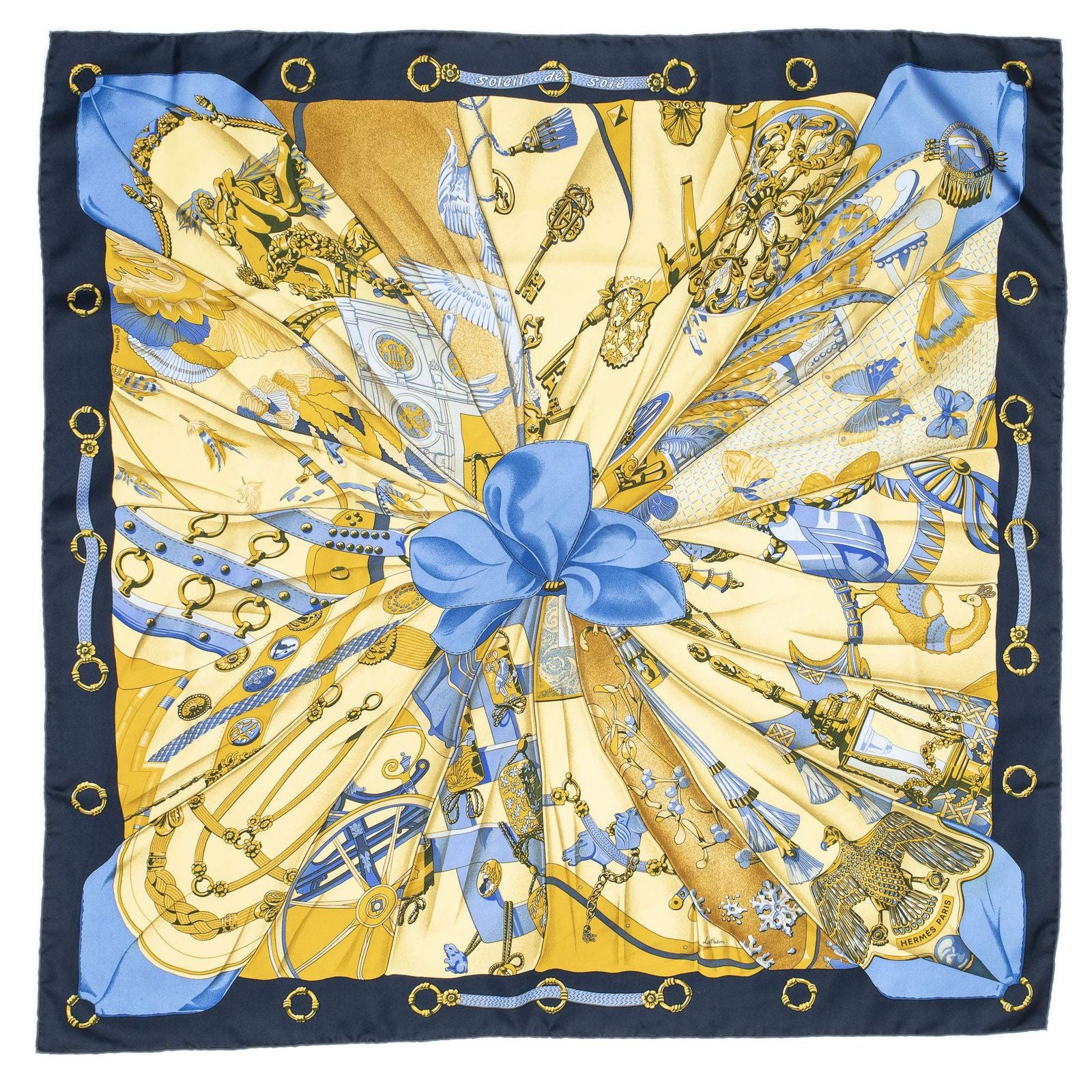 Hermes Scarf Navy Yellow 100% Twillsilk — view 2