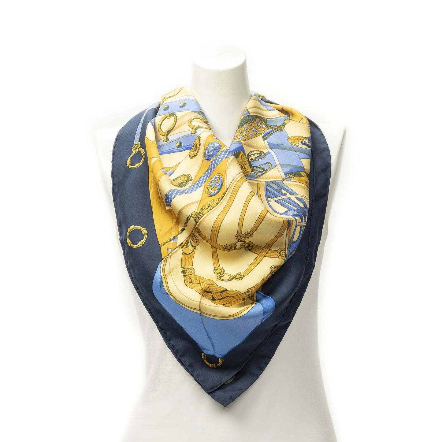 Hermes Scarf Navy Yellow 100% Twillsilk