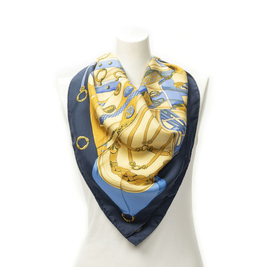 Hermes Scarf Navy Yellow 100% Twillsilk