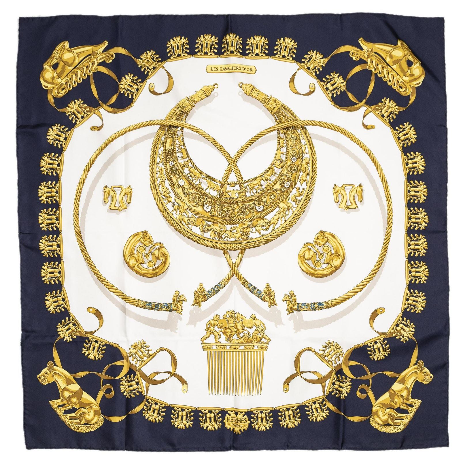 Hermes Scarf Navy Gold White Silk — view 2