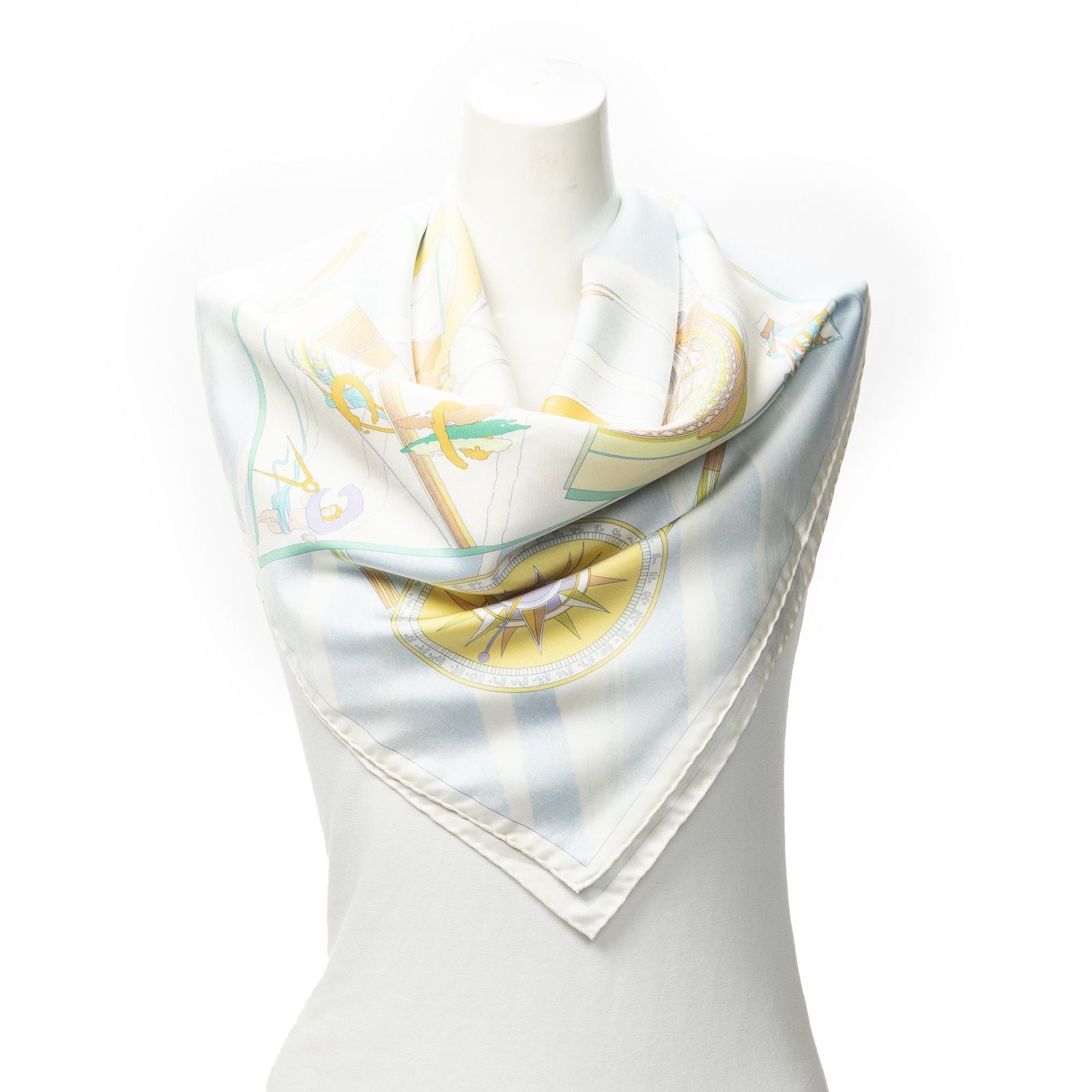 Hermes Scarf Ivory Light Blue Orange 100% Twillsilk