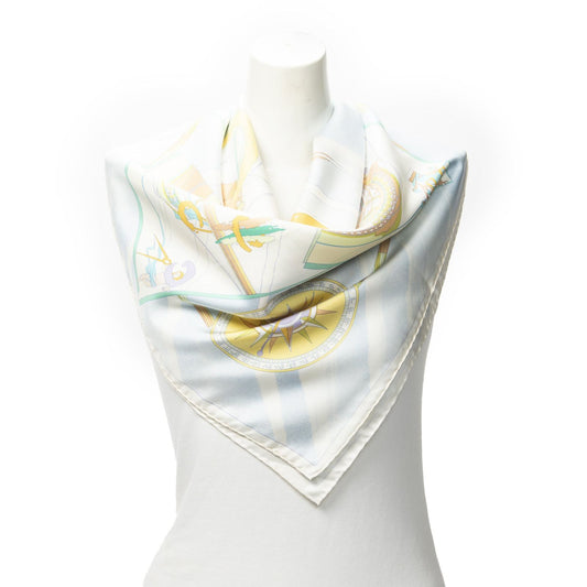 Hermes Scarf Ivory Light Blue Orange 100% Twillsilk