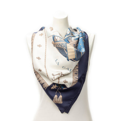 Hermes Scarf Navy Beige White 100% Twillsilk