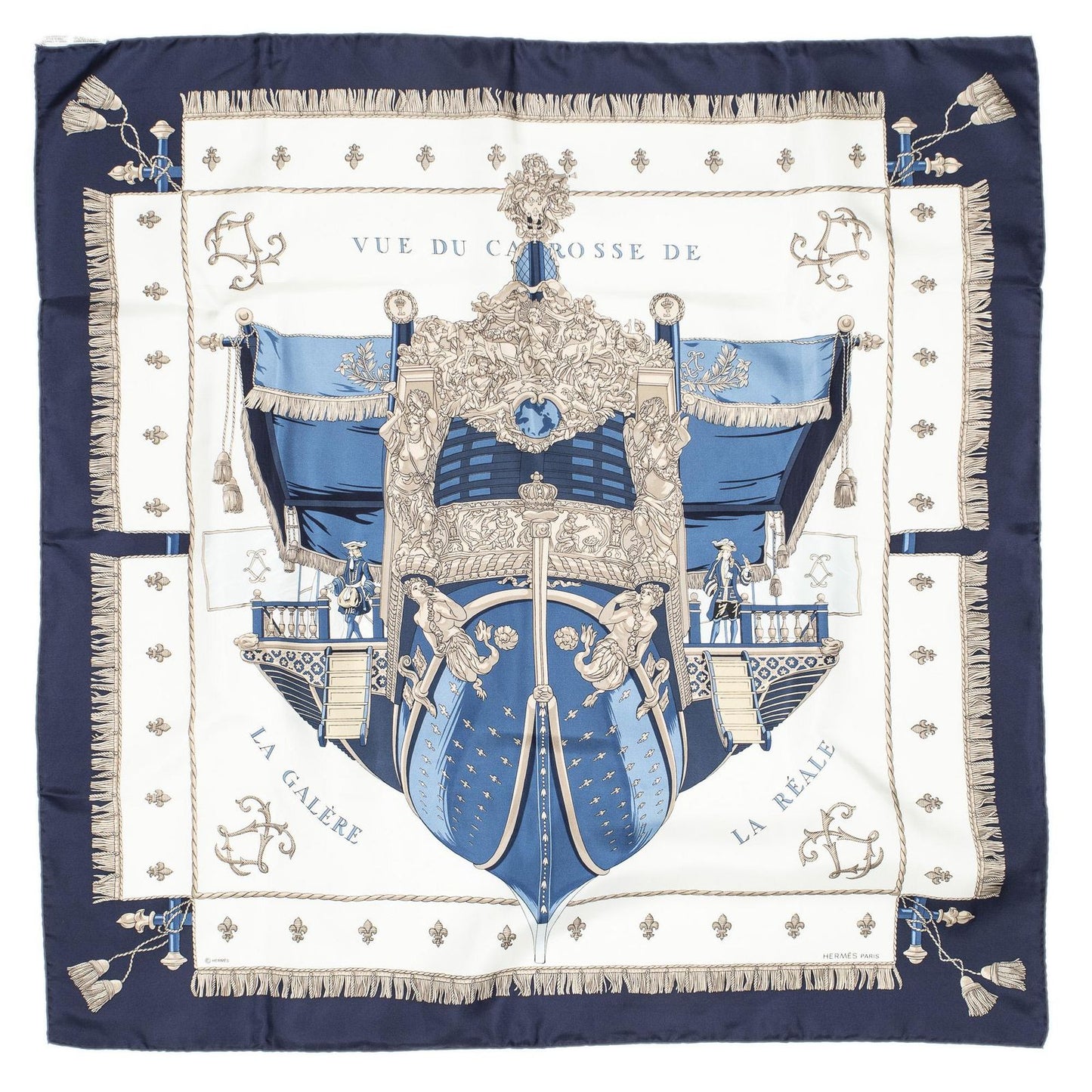 Hermes Scarf Navy Beige White 100% Twillsilk — view 2