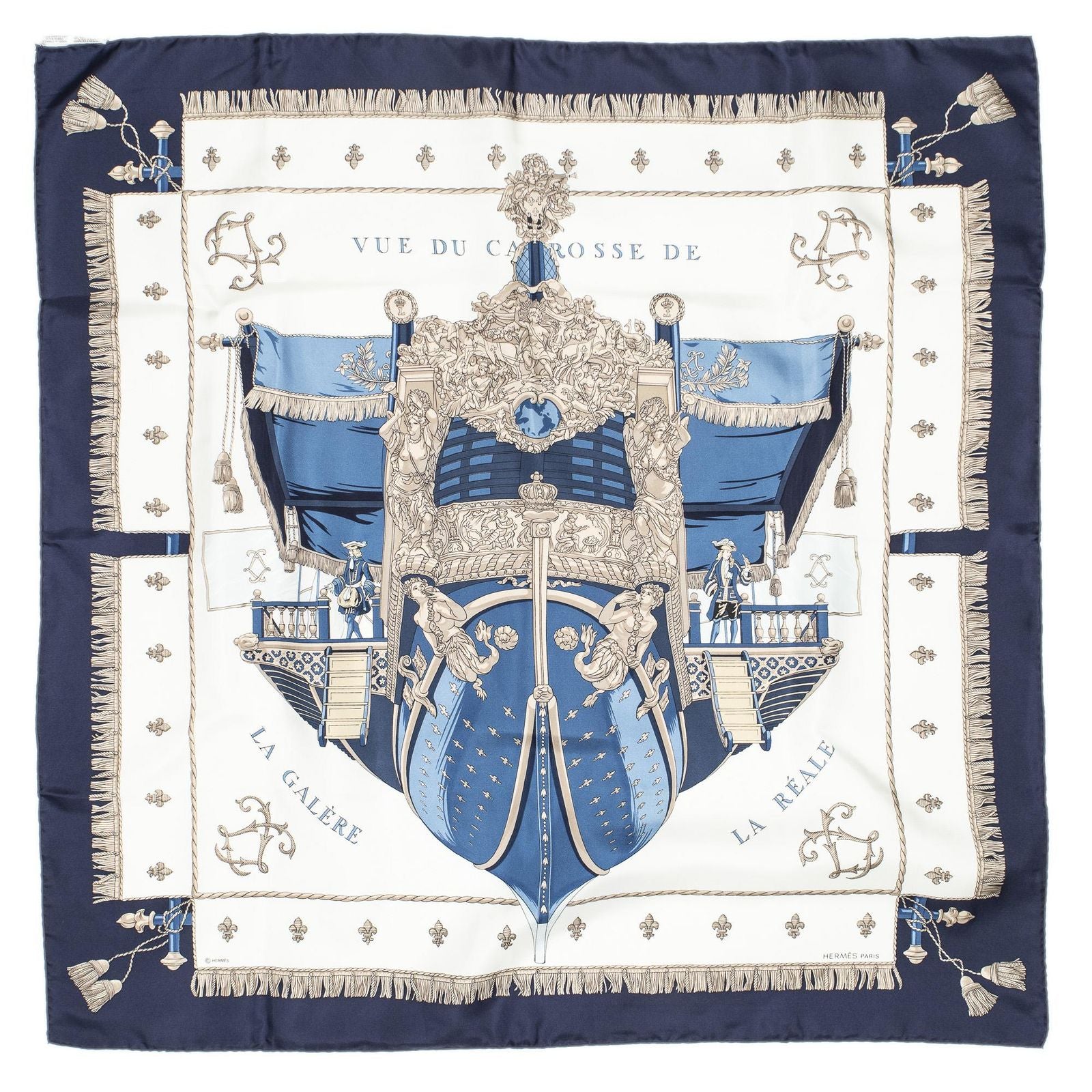 Hermes Scarf Navy Beige White 100% Twillsilk — view 2