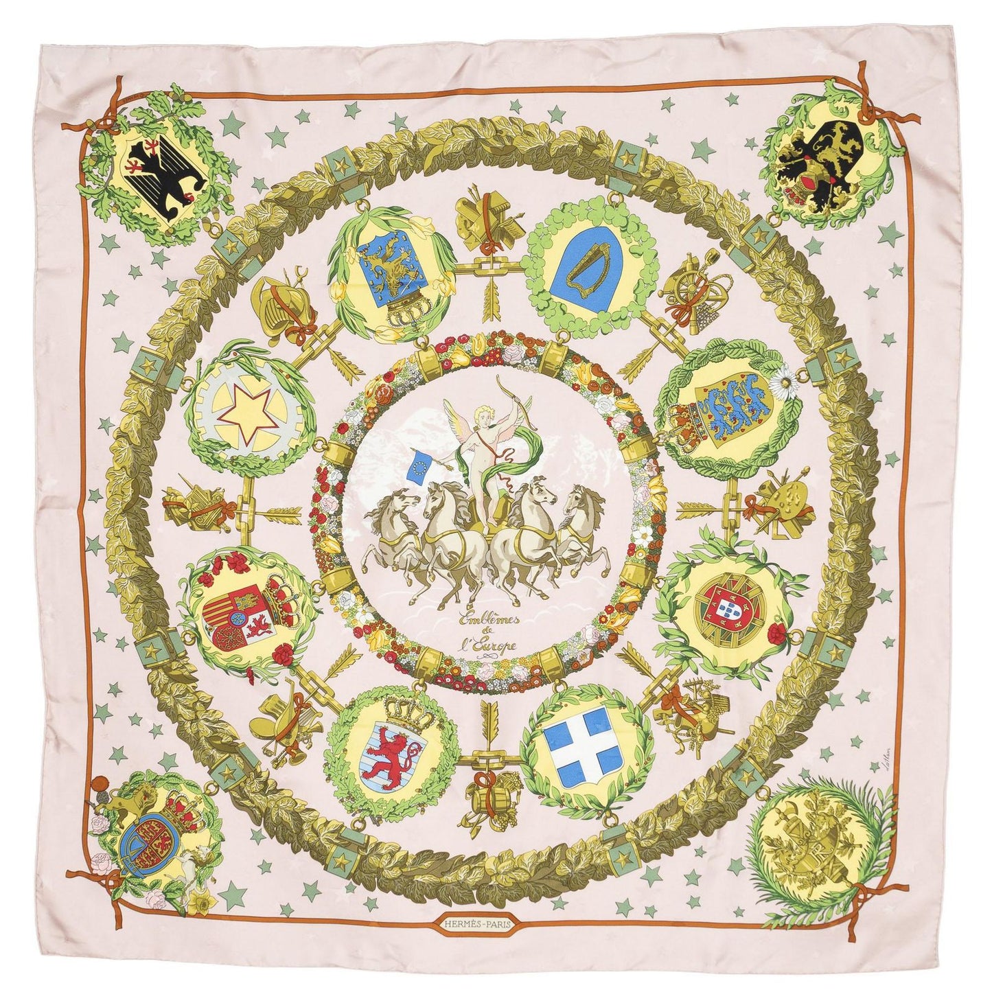 Hermes Scarf Lightpink Green Yellow 100% Jacquardsilk — view 2