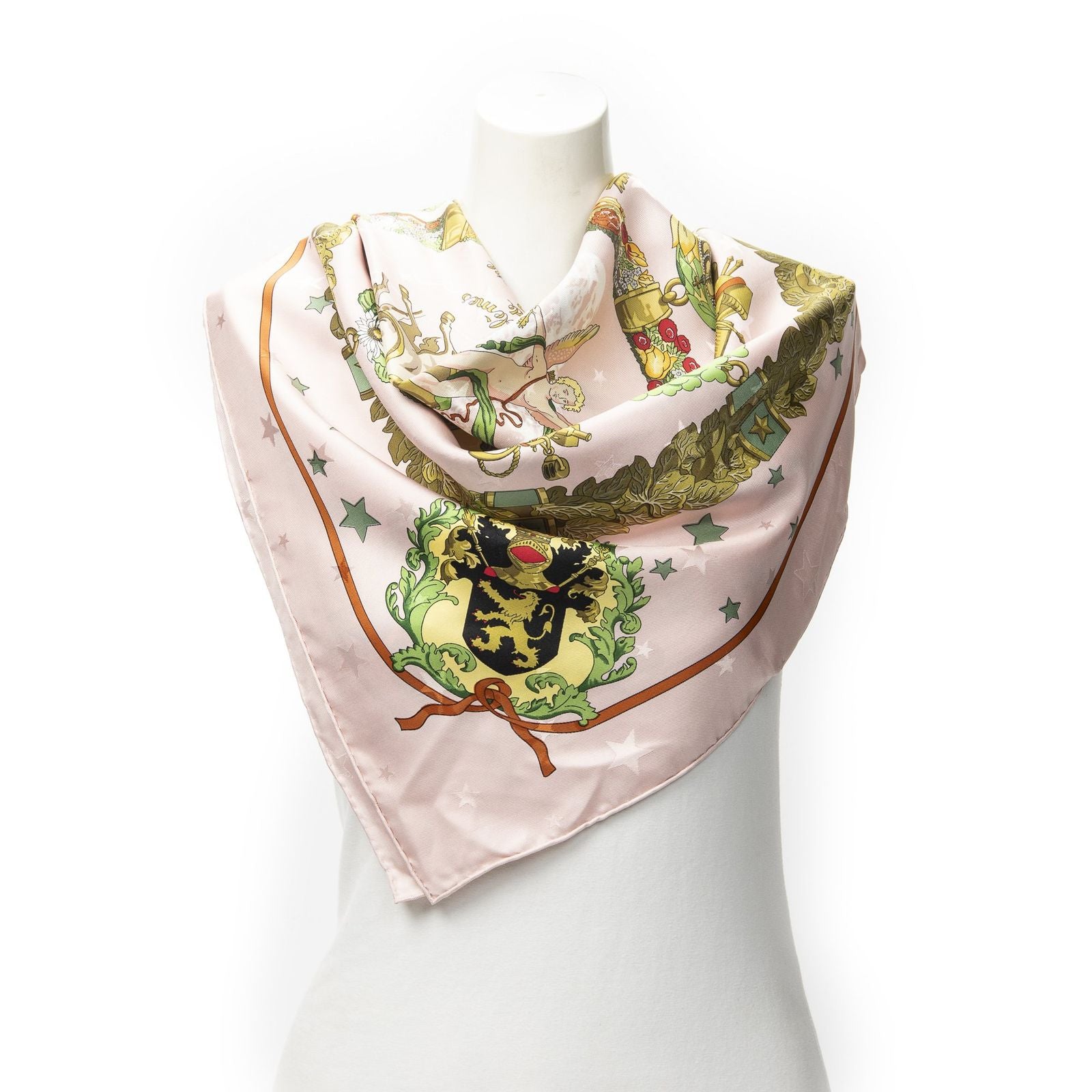 Hermes Scarf Lightpink Green Yellow 100% Jacquardsilk