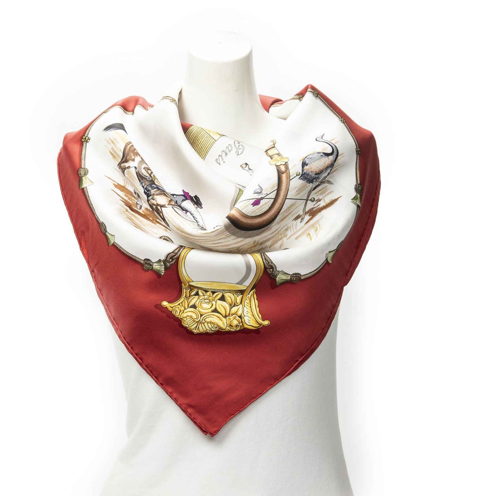 Hermes Scarf Red White 100% Twillsilk