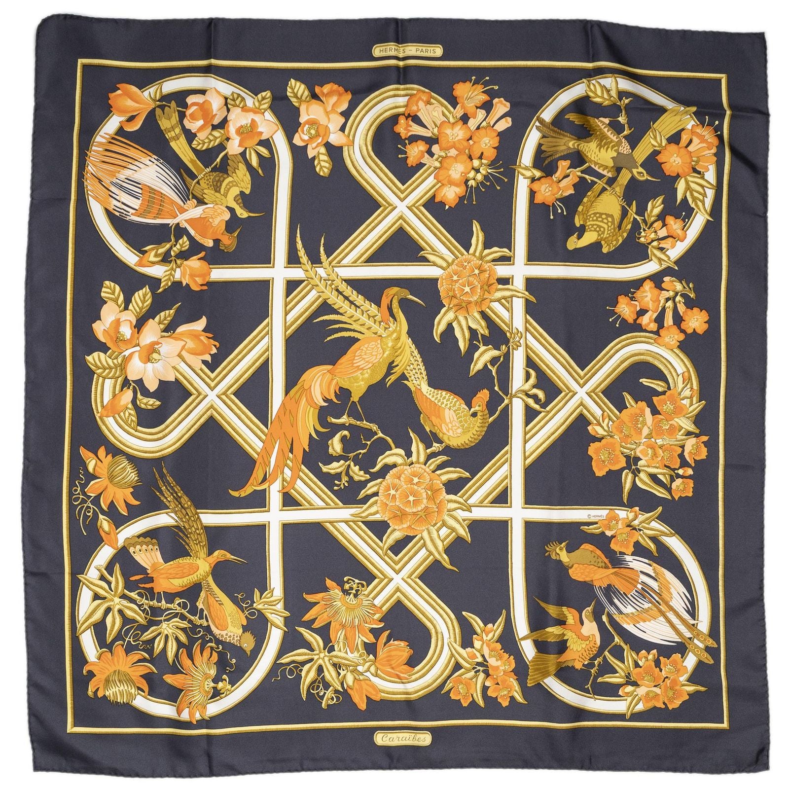 Hermes Scarf Navy Orange 100% Twillsilk — view 2