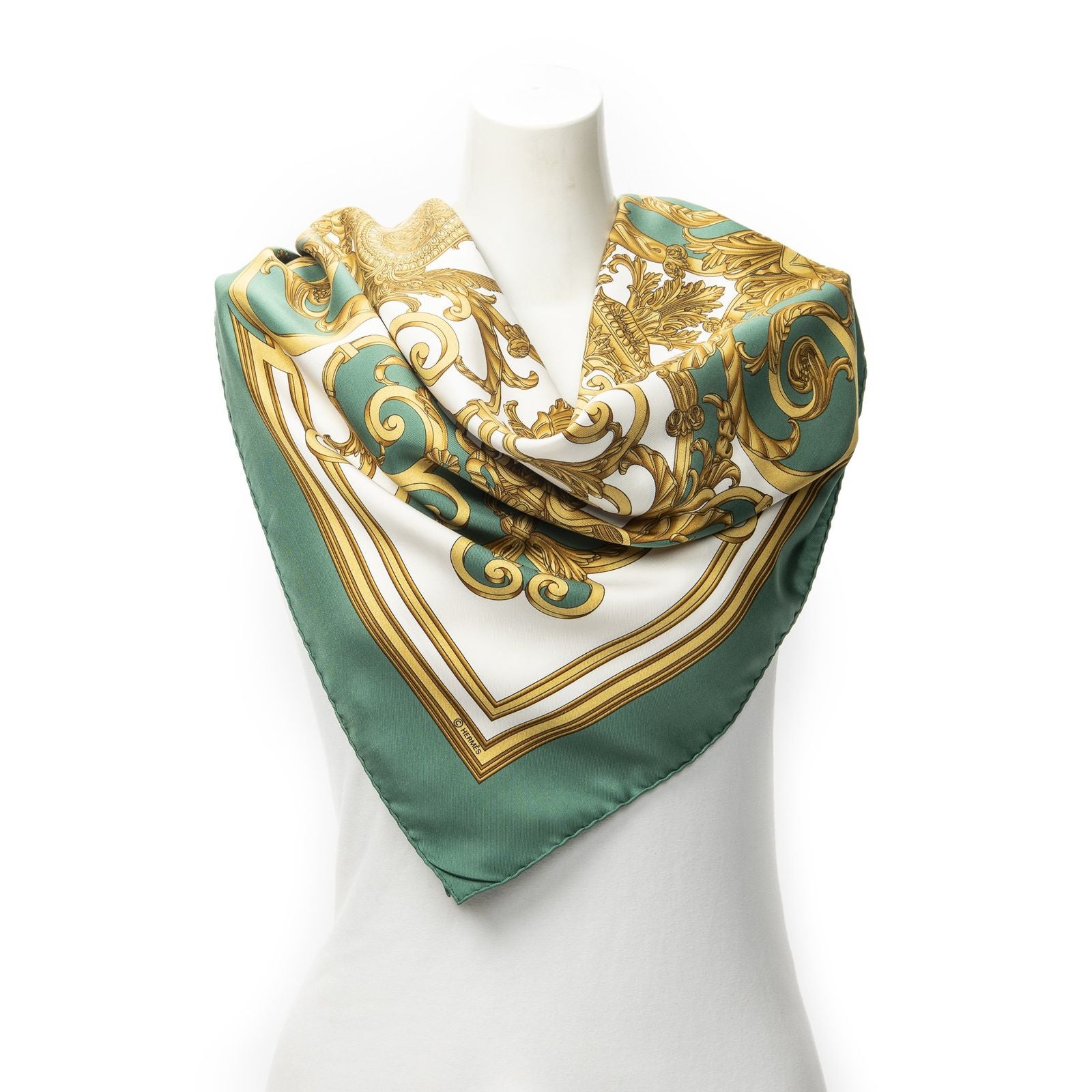Hermes Scarf Green Gold White Silk