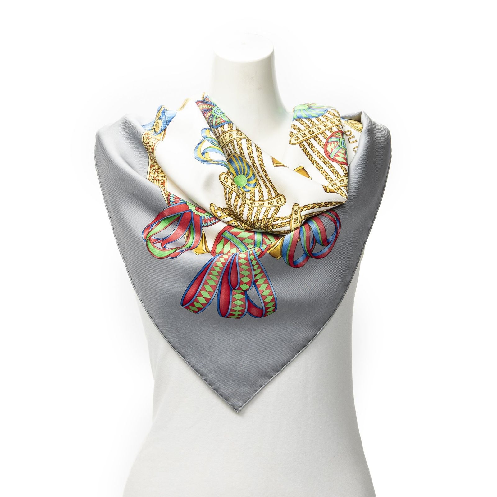 Hermes Scarf Gray White 100% Twillsilk