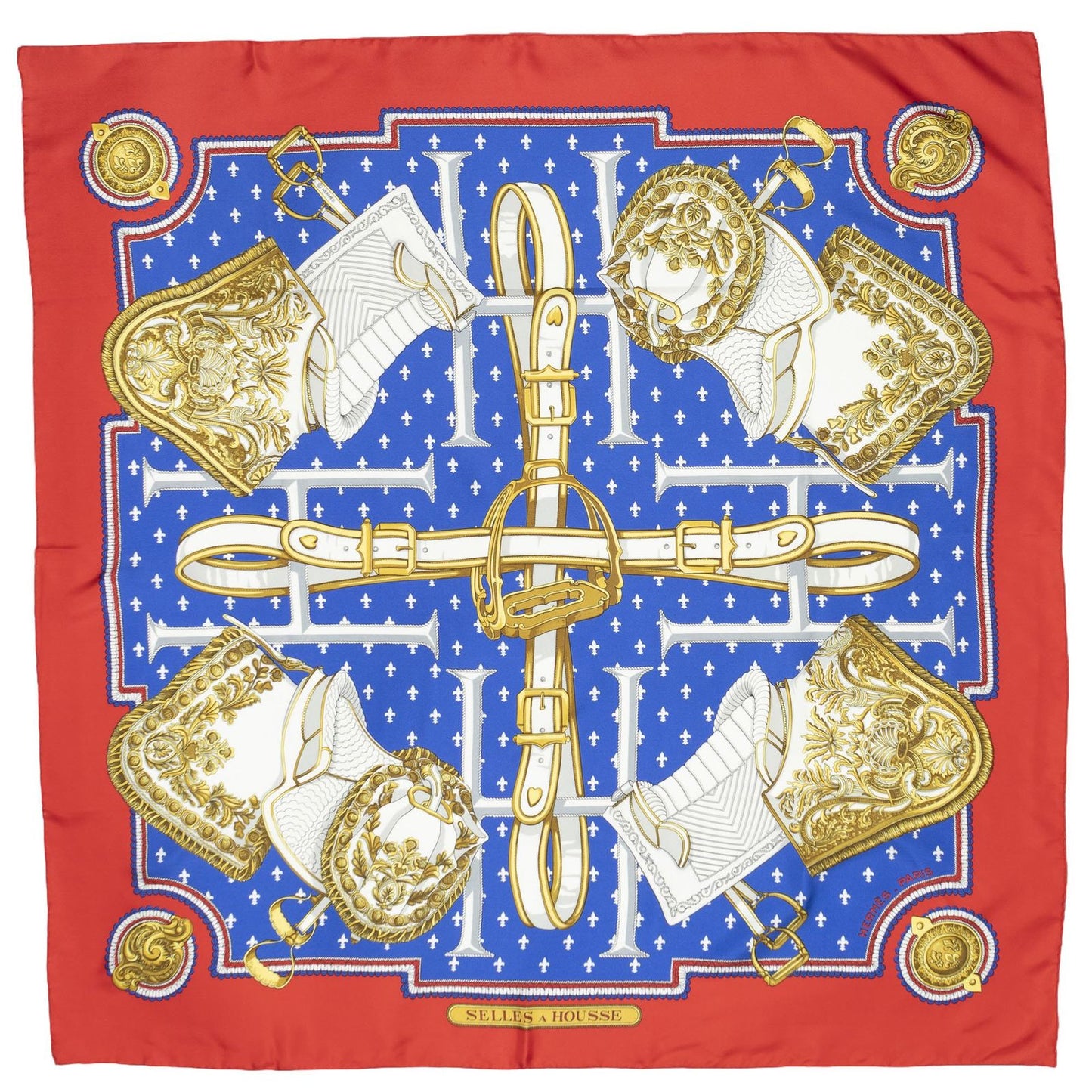 Hermes Scarf Blue Red 100% Gold Twill Silk — view 2