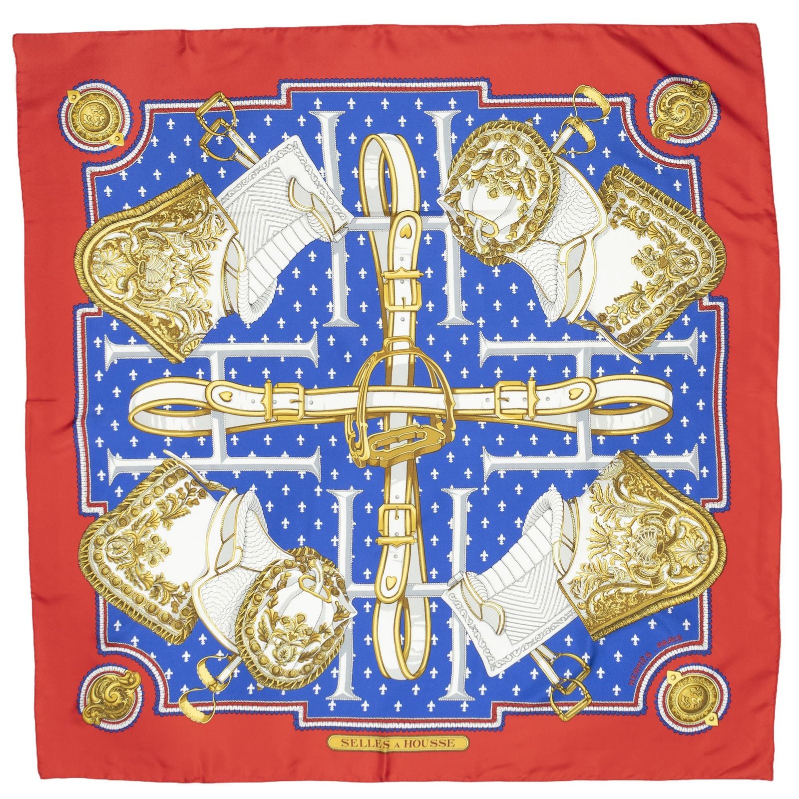 Hermes Scarf Blue Red 100% Gold Twill Silk — view 2