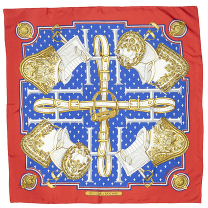 Hermes Scarf Blue Red 100% Gold Twill Silk — view 2