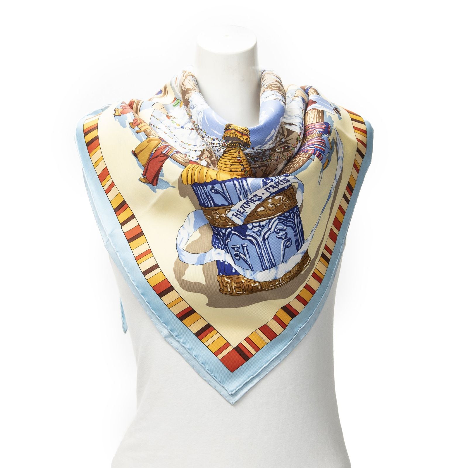 Hermes Scarf Light Blue Brown Yellow 100% Twillsilk