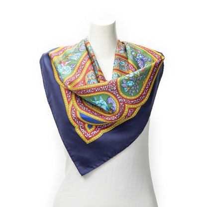 Hermes Scarf Navy Red 100% Gold Twill Silk
