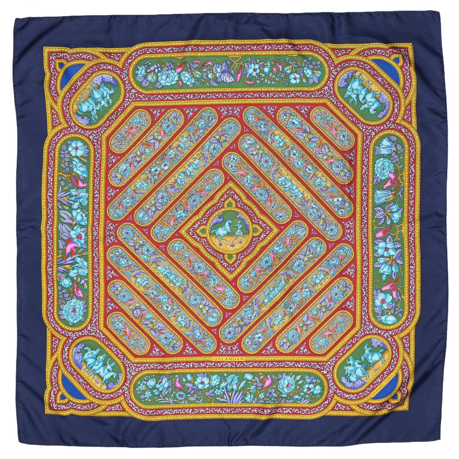 Hermes Scarf Navy Red 100% Gold Twill Silk — view 2