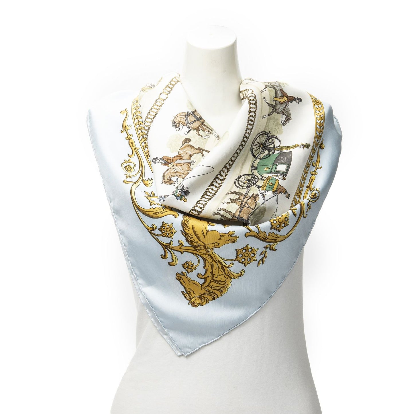 Hermes Scarf Light Blue Ivory Green 100% Twillsilk
