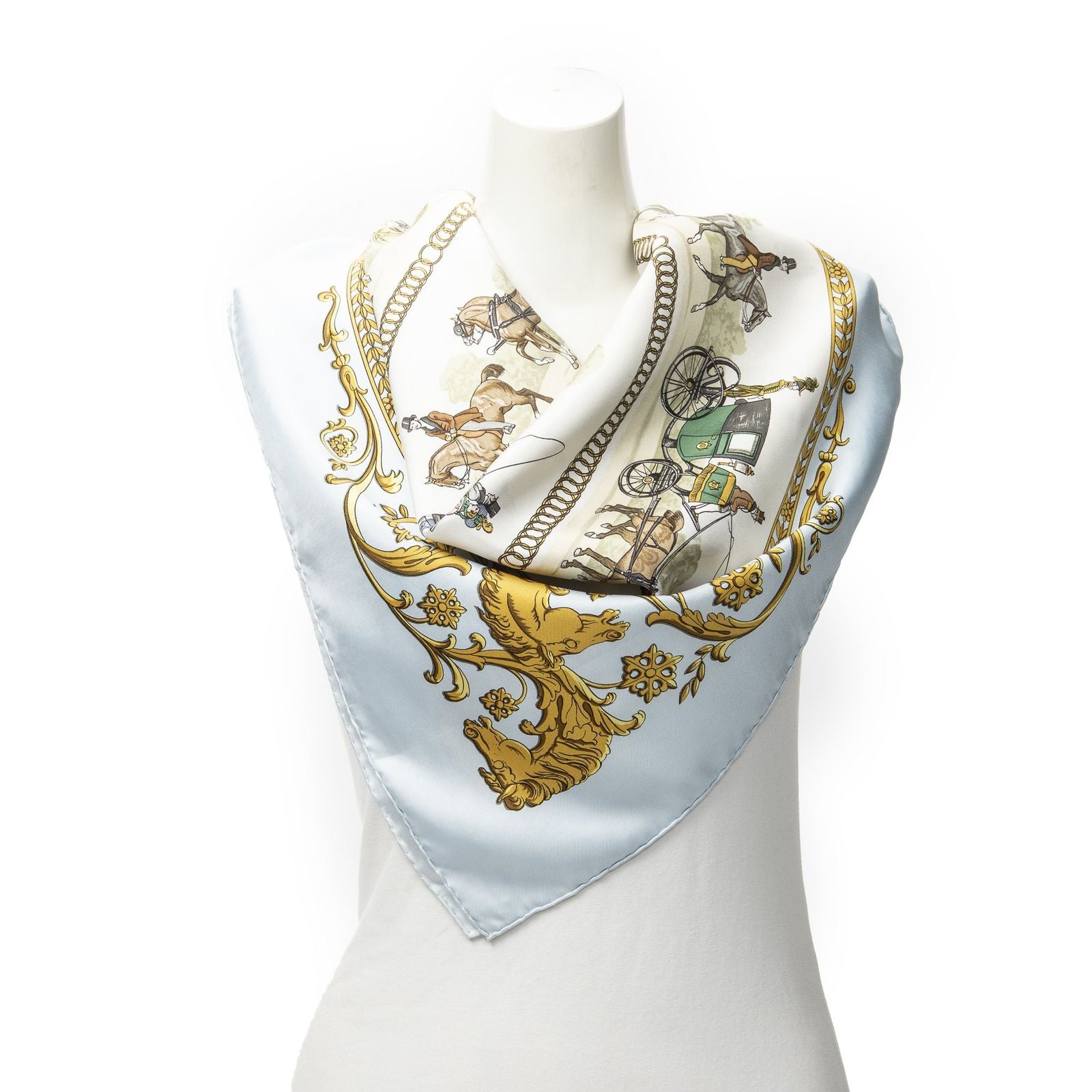 Hermes Scarf Light Blue Ivory Green 100% Twillsilk