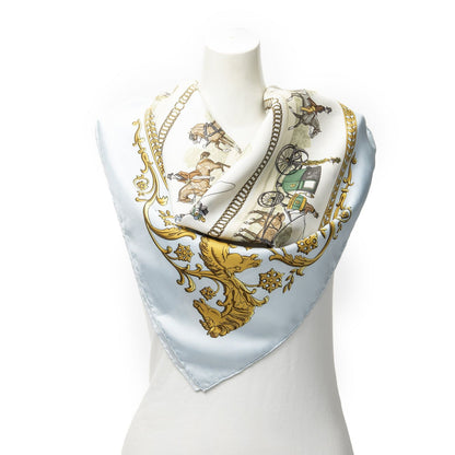 Hermes Scarf Light Blue Ivory Green 100% Twillsilk